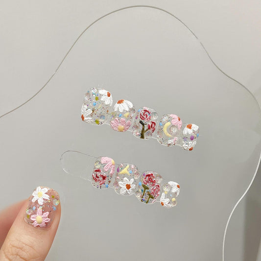 Short Oval 3D Hand-Painted Colorful Flowers Handmade Press-On Nails | Detachable and Reusable | Free Toolkit Included