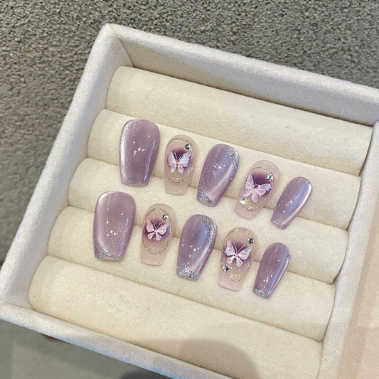 Short Coffin Purple Cat Eye Hand-Painted Butterfly Handmade Press-On Nails | Removable and Reusable | Free Tool Kit Included