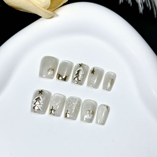 Ultra-Short Square White Cat-Eye Nails with Hand-Painted Christmas Tree | Removable & Reusable with Free Tool Kit