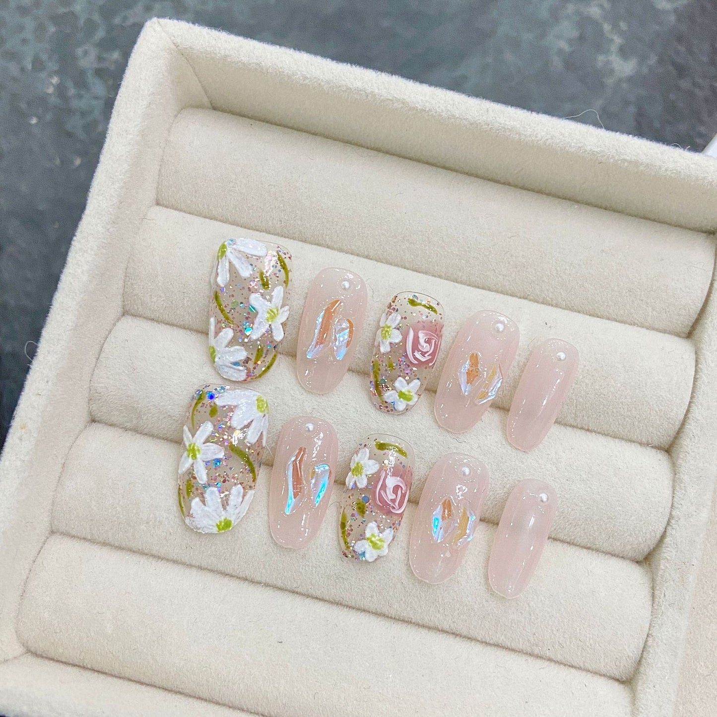 Short Oval Nude Nail Polish with Hand-Painted Colorful Flowers Handmade Press-On Nails | Detachable and Reusable | Free Toolkit Included