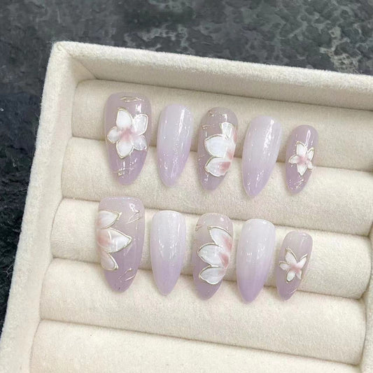 Hand-painted Orchid Ombre Light Purple Almond-Shaped Press-On Nails | Removable and Reusable | Free Tool Kit Included