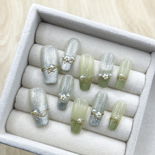 Long Tapered Silver Cat Eye & Green Ombre with White Flower Accents | Handcrafted Press-On Nails | Removable and Reusable | Free Tool Kit Included