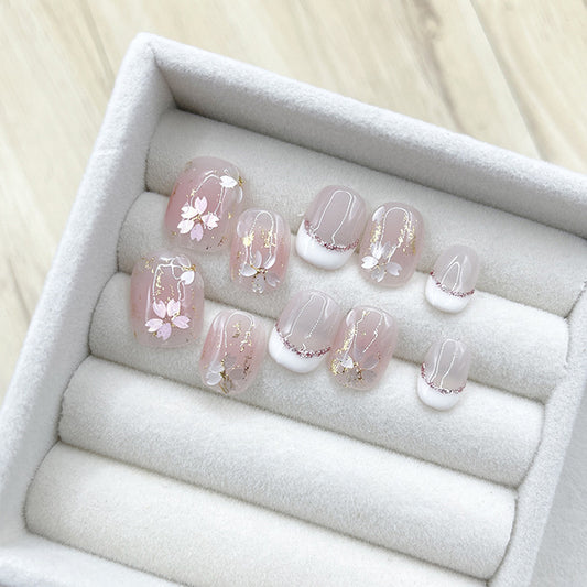 Short Gentle Pink Hand-Painted Cherry Blossom Press On Nails| French-style Transparent High-end Handmade Nails|Free Tool Kit Set Included