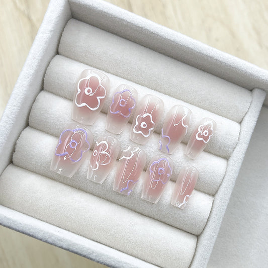 Medium Coffin Blush Gradient with Painted Flowers Handmade Press-On Nails | Removable and Reusable | Free Tool Kit Included