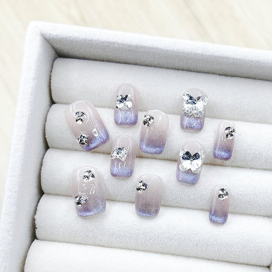 Short Square Ombre Purple Cat Eye & 3D Butterfly with Small Diamonds Handmade Press-On Nails | Removable and Reusable | Free Tool Kit Included