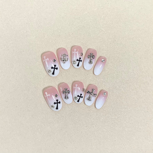 Medium Oval Pink French Tip Chrome Hearts & Pink-White Gradient Handmade Press-On Nails | Removable and Reusable | Free Tool Kit Included