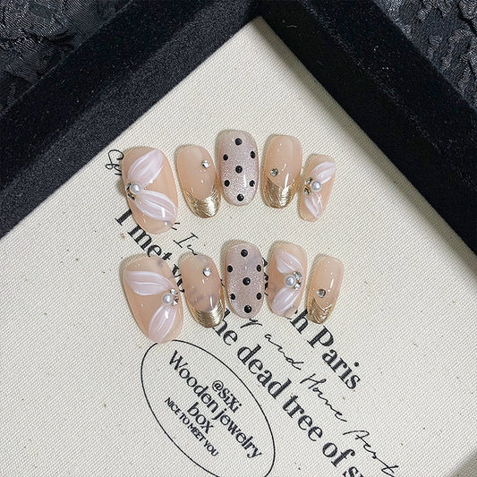 Medium Oval Gold Line French Tip & Hand-Painted White Ribbon Handmade Press-On Nails | Removable and Reusable | Free Tool Kit Included