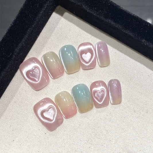 3 Shapes Multicolored Cat Eye & Heartbeat Series Handmade Press-On Nails | Removable and Reusable | Free Tool Kit Included