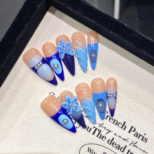 Long Almond Handmade Carved Blue Ocean Press-On Nails | Removable and Reusable | Free Tool Kit Included