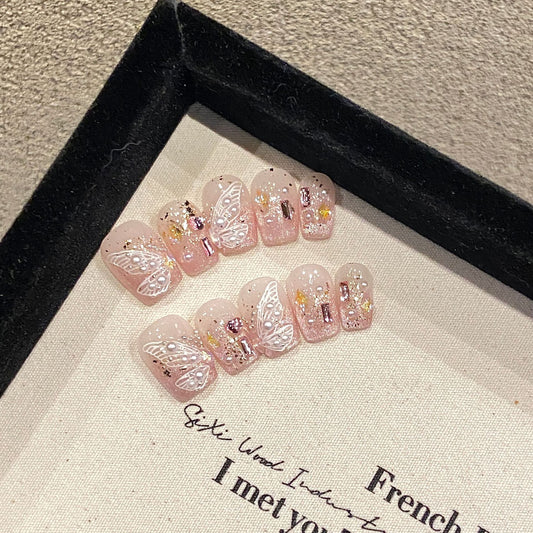 Short Coffin Pink Gradient Hand-Painted Butterfly & Moonlight Butterfly Handmade Press-On Nails | Removable and Reusable | Free Tool Kit Included