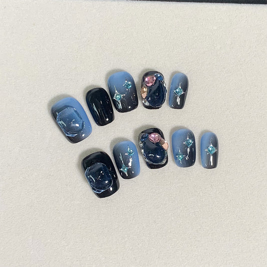 Short Coffin Ombre Dark Blue Cat Eye & Gemstone Accents Handmade Press-On Nails | Removable and Reusable | Free Tool Kit Included