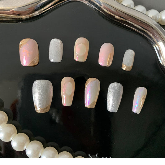 Two Shapes Pearlescent and Silver Combined Nails with Gold Outline Lines Handmade Press-On Nails | Removable and Reusable | Free Tool Kit Included