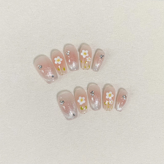 Medium Coffin Ice Translucent Cat Eye & Hand-Painted Blush Daisies Handmade Press-On Nails | Removable and Reusable | Free Tool Kit Included