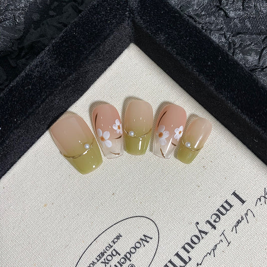 Medium Coffin Yellow-Green French Tip Handmade Press-On Nails with Hand-Painted White Magnolia Design|Removable & Reusable | Free Tool Kit Included