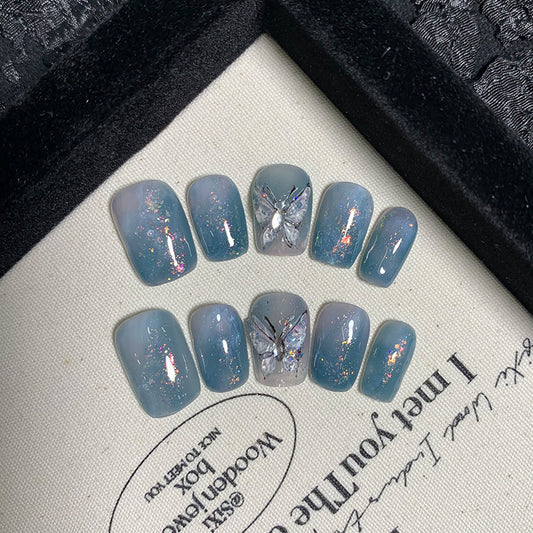 Ultra-Short Coffin Chinese Ink Style Dark Blue & Hand-Painted Black Butterfly Handmade Press-On Nails | Removable and Reusable | Free Tool Kit Included