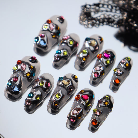 Medium Coffin Multicolored Gem & Hot Punk Metallic Style Handmade Press-On Nails | Removable and Reusable | Free Tool Kit Included