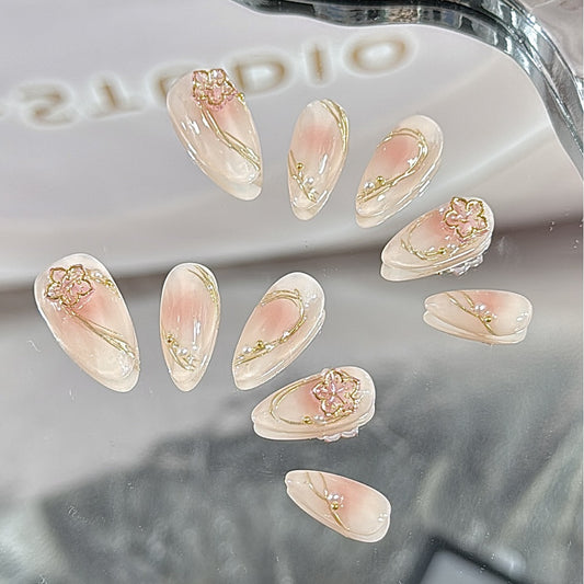 Medium Almond Blush Gradient & Gold Gel Hand-Painted Peach BlossomHandmade Press-On Nails | Removable and Reusable | Free Tool Kit Included