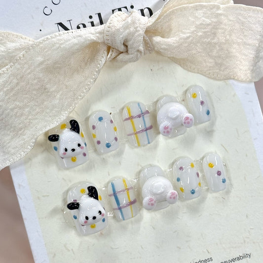 Short Square 3D Cute Pochacco Handmade Press-On Nails | Detachable and Reusable | Free Toolkit Included