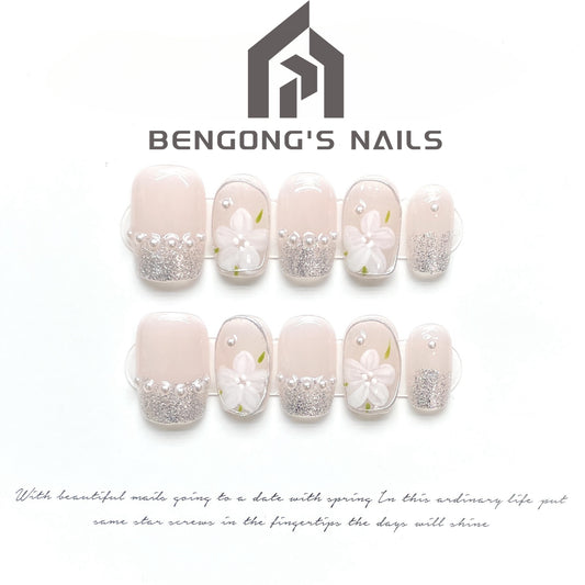 Medium Coffin Gentle Hand-Painted Floral Press On Nails|Handmade Nails Adorned with Pearl Accents|Free Tool Kit Set Included