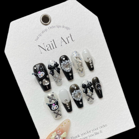 Medium Coffin Cool Dark Kuromi Handmade Press-On Nails | Removable & Reusable | Free Tool Kit Included