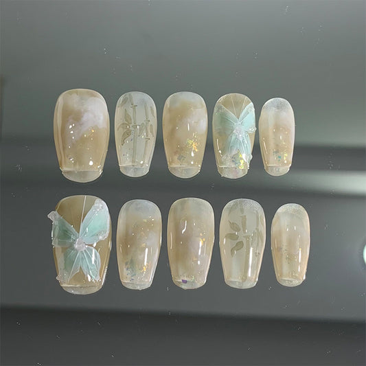 Medium Coffin Yellow-Green Ombre Hand-Painted Embossed Butterfly Press-On Nails | Removable and Reusable | Free Tool Kit Included