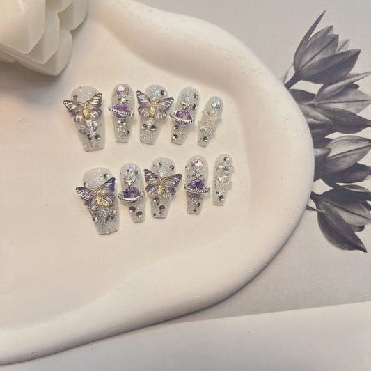 Three-Color Coffin Dreamy Butterfly & Planet Handmade Press-On Nails| 3D Butterfly Aurora Planet Handmade Nails|Free Tool Kit Set Included