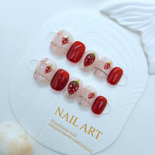 Ultra-Short Square Christmas Red: Hand-Painted Lines & 3D Sculpted Strawberries | Removable & Reusable with Free Tool Kit