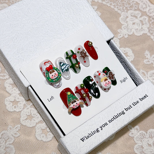 Medium Oval Christmas Story Hand-Painted 3D Embossed Nails | Removable & Reusable with Free Tool Kit