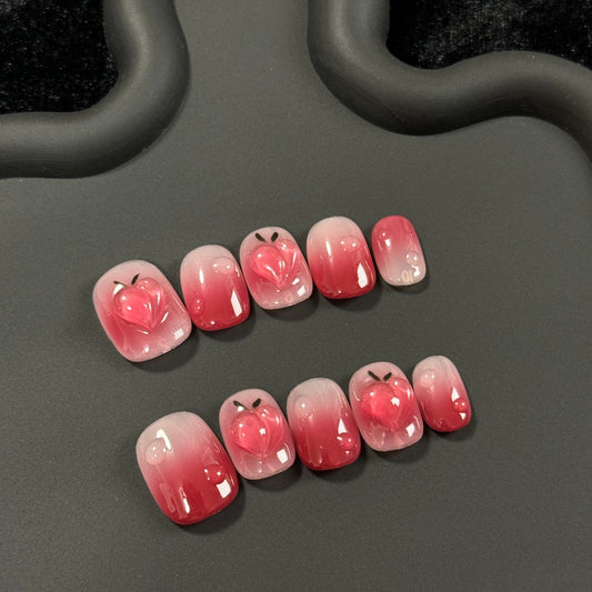 Short Oval 3D Peach Ombre Dark Red Handmade Press-On Nails | Detachable and Reusable | Free Toolkit Included