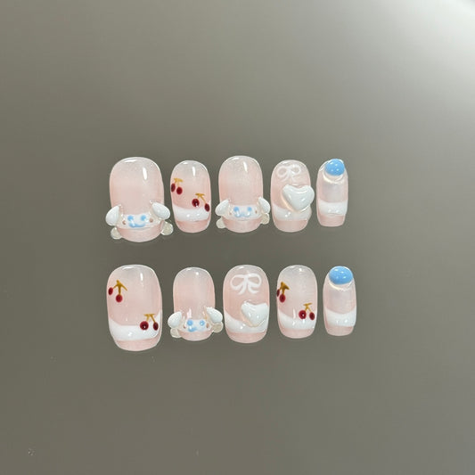 Ultra-Short Coffin Cute Puppy French Tip Cherry Handmade Press-On Nails | Removable and Reusable | Free Tool Kit Included