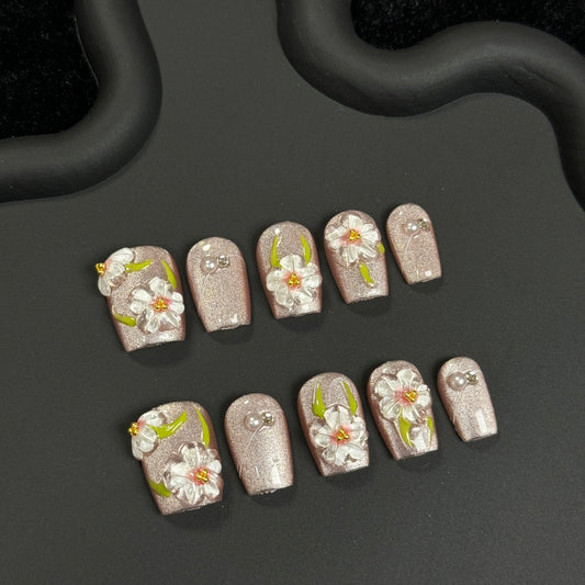 Short Coffin Pink Cat Eye Press-On Nails with Embossed Peach Blossom Design | Removable & Reusable | Free Tool Kit Included