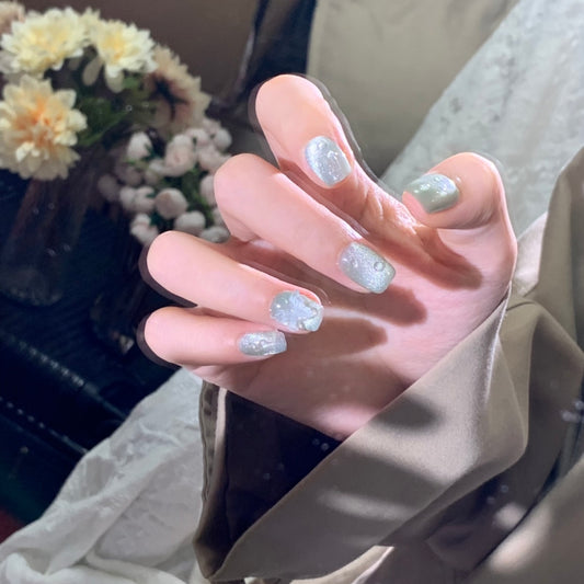 Super Short Coffin Light Green Handmade Press-On Nails with 3D Water Droplets and Butterfly Design | Removable & Reusable | Free Tool Kit Included