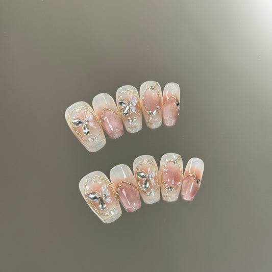 Medium Coffin Pink and Shell Pink French Tip Handmade Press-On Nails with Hand-Painted Diamond Butterfly Design | Removable & Reusable | Free Tool Kit Included