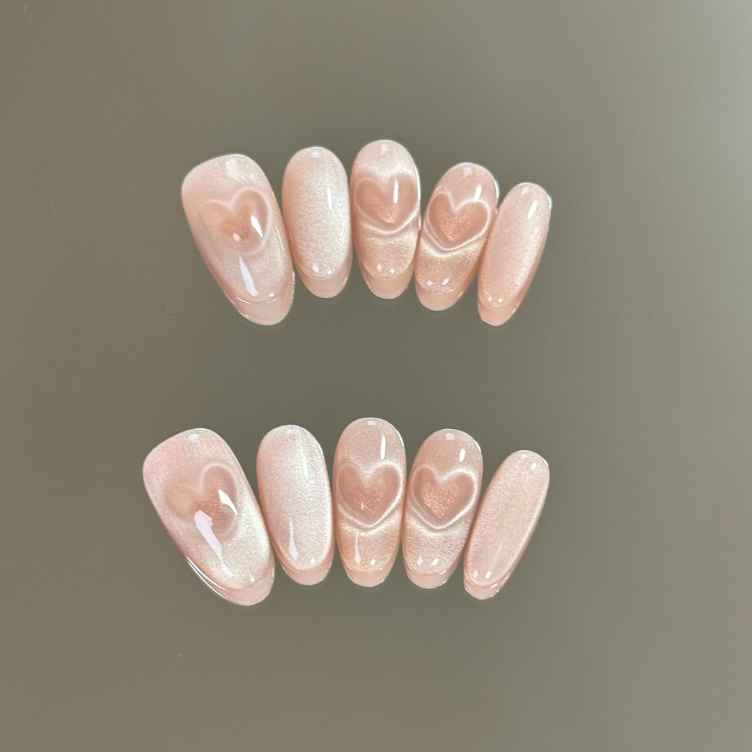 Mid-Oval Sparkling Pink Heart Cat Eye Nail Polish Handmade Press-On Nails | Detachable and Reusable | Free Toolkit Included