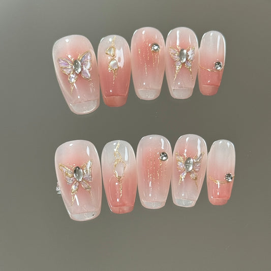 Medium Coffin Pink Ombre Hand-Painted Butterfly Handmade Press-On Nails | Removable and Reusable | Free Tool Kit Included