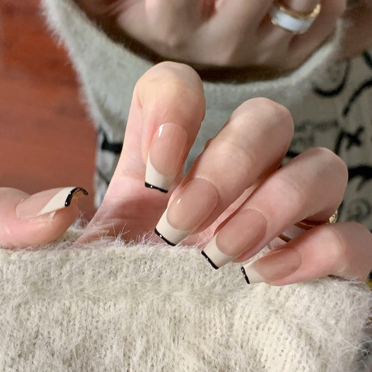 Medium Coffin Nude French Tip & Black Outline Lines Handmade Press-On Nails | Removable and Reusable | Free Tool Kit Included