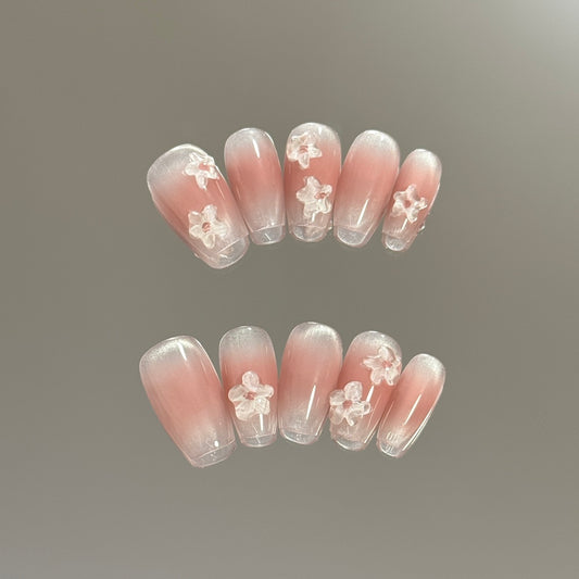 Medium Coffin Blush Ombre & Icy White Embossed Peach Blossom Press-On Nails | Removable and Reusable | Free Tool Kit Included