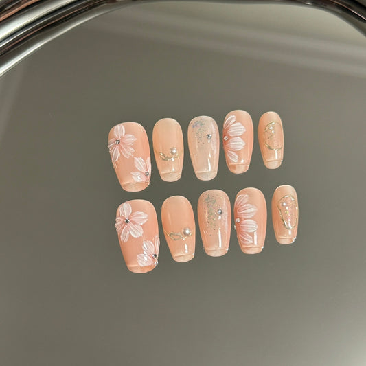 Medium Coffin Gentle Light Peach Pink Hand-Painted Ice Flower Handmade Press-On Nails | Removable and Reusable | Free Tool Kit Included