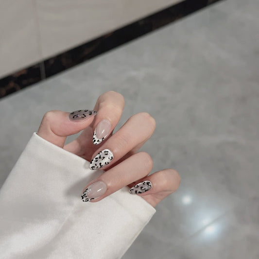 Short Almond Black and Sliver Leopard Print & French Tip Handmade Press-On Nails | Removable and Reusable | Free Tool Kit Included