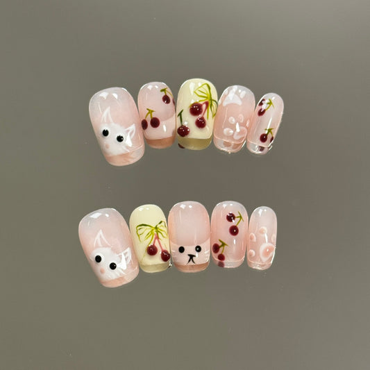 Short Coffin French Tip Cute Cat & Hand-Painted Cherry Handmade Press-On Nails | Removable and Reusable | Free Tool Kit Included