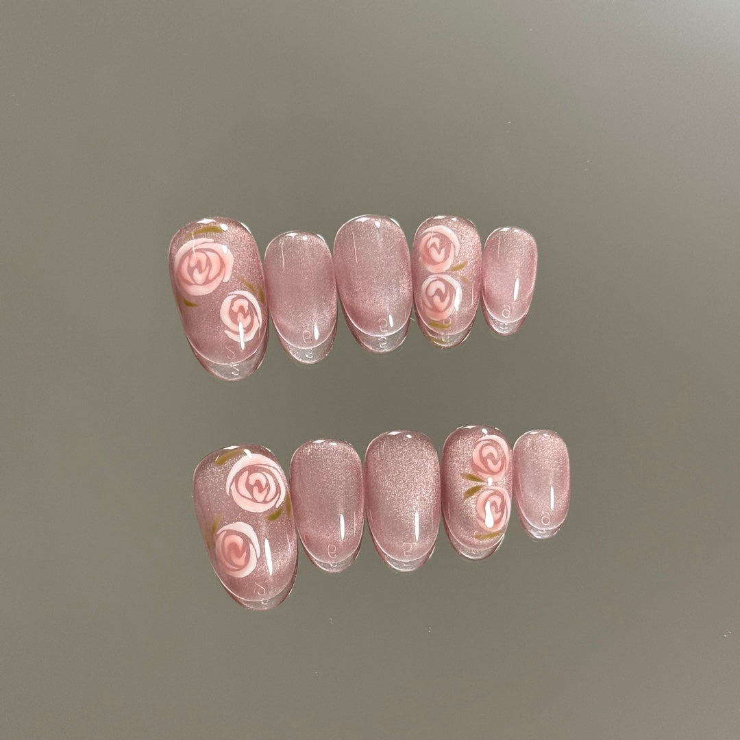 2 Shapes of Pink Cat Eye & Hand-Painted Rose Handmade Press-On Nails | Removable and Reusable | Free Tool Kit Included