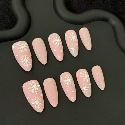 Festive Snowflakes & Medium Pink Almond Nails | Removable & Reusable with Free Tool Kit