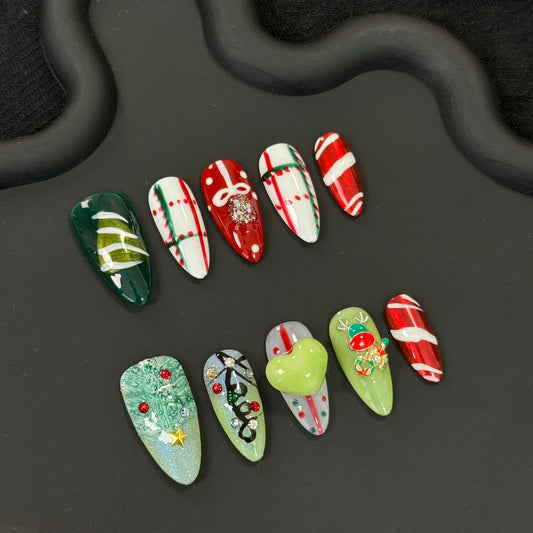 Festive Christmas Red & Green Press-On Nails|Removable & Reusable with Free Tool Kit