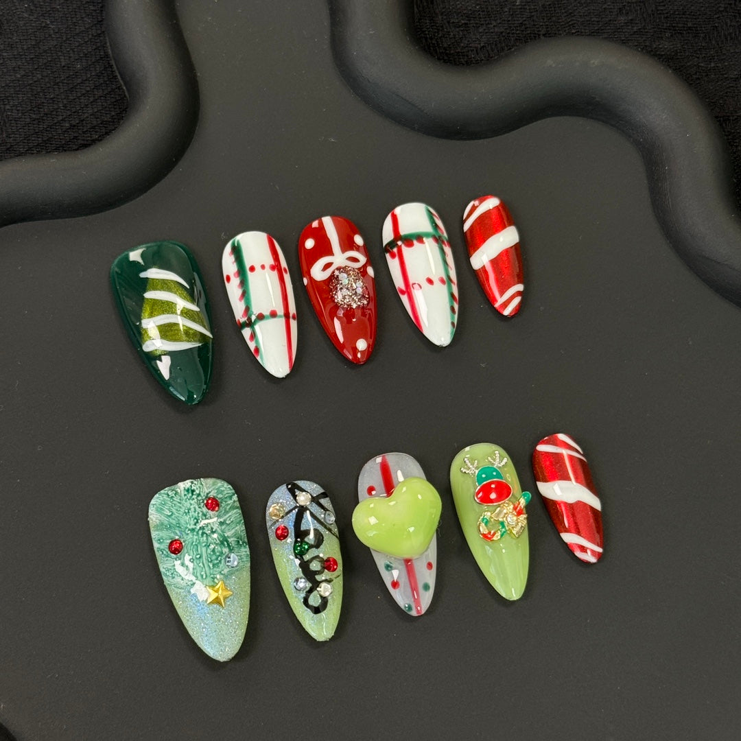 Festive Christmas Red & Green Press-On Nails|Removable & Reusable with Free Tool Kit