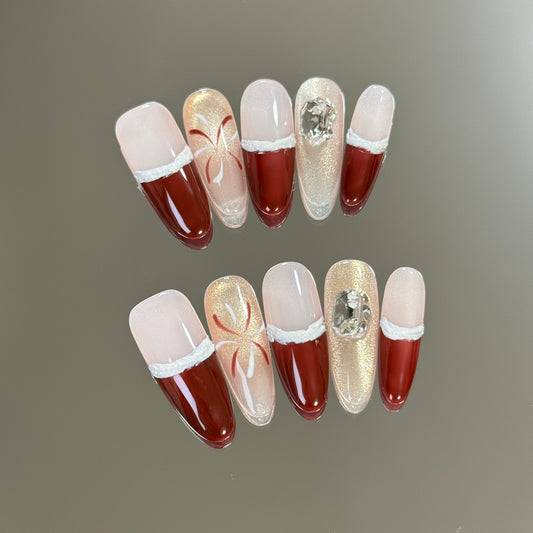 Long Almond Christmas Gifts Nails | Removable & Reusable with Free Tool Kit